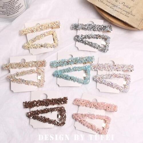 2PCS Women Girls Snap Hair Clip Rhinestone Decor Hair Barrette Hair Pin Side Clip Geometry Hairpin Sweet Hair Accessories