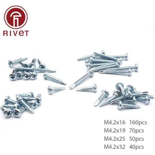 320Pcs M4.2*16/19/25/32mm Phillips Cross Recessed Pan Head Self-Drilling Tapping Screws Silver Carbon Steel Screws With Box