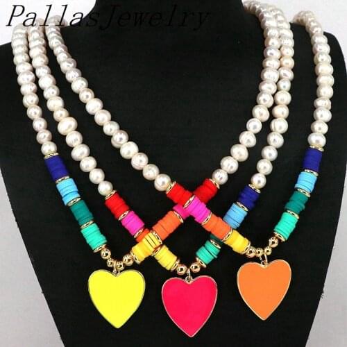 5Pcs Rainbow enamel heart pendant necklace Freshwater pearl with heishi bead Polymer Clay necklace,boho summer beaded necklace