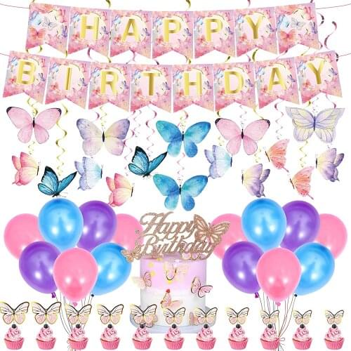 67 Pcs Butterfly Party Decorations Hanging Swirl Decorations Happy Birthday Banner Cupcake Card Butterfly Pattern Latex Balloon