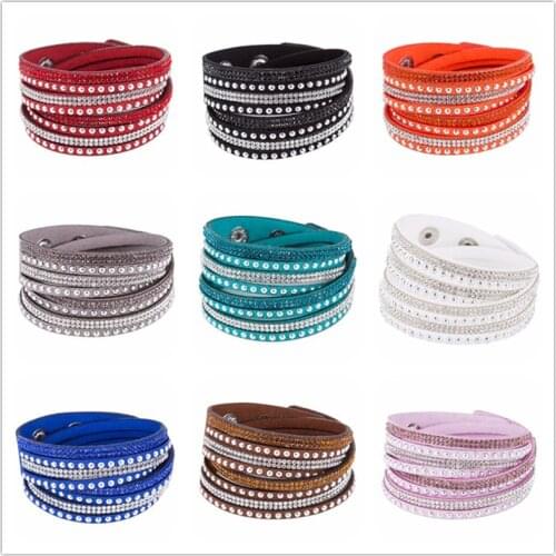 Free Shipping 6 Rows Rhinestone Paved Leather Bracelet Crystal Wide Wrap Velvet Bangle Adjustable Snap Button Closure Wrist Cuff