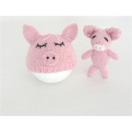 Newborn photography props hat Hand knitted fluffy bonnet Crochet mohair baby bonnet with beanie hat Knit pig bonnet