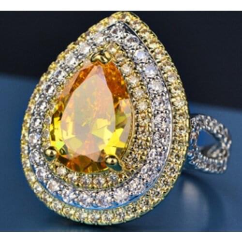 Hot Sale Bulk Geometric Yellow Water Drop Pear Shape Luxury Engagement Ring Girl for Women Jewelry
