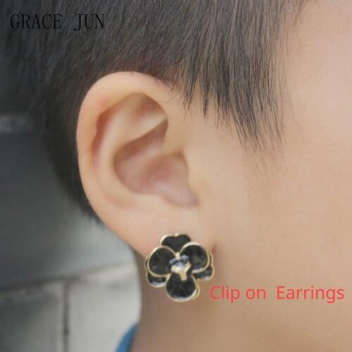 GRACE JUN New Black Flower Shape Clip on Earrings for Women Elegant Fashion Screw Cuff Earrings Needn't Ear Hole Earrings