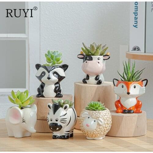 Artificial Flowers Resin Cartoon Animal Ceramic Flower Pot Flower Pot Micro Landscape Combination Home Office Desk Decoration
