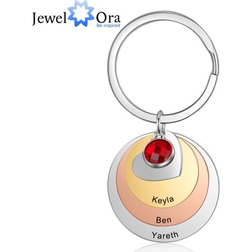 JewelOra Personalized Mixed Color Engraved Name Keychains for Women Stainless Steel Customized Birthstone Keyring Gift for Mom