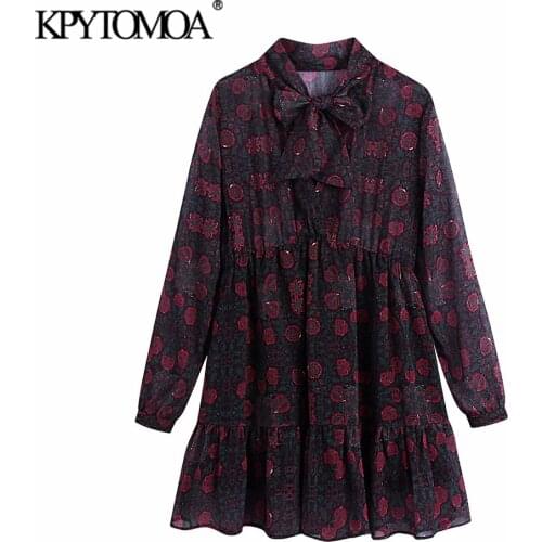 KPYTOMOA Women 2021 Fashion With Lining Floral Print Mini Dress Vintage Bow Tied Collar Long Sleeve Female Dresses Vestidos