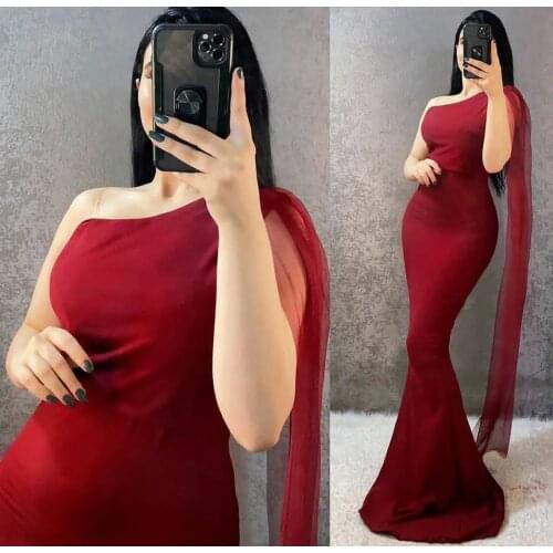 Muslim Long One Shoulder Mermaid Evening Dresses Zipper Back Stretchy Satin Burgundy Abendkleid Robes de Soirée for Women