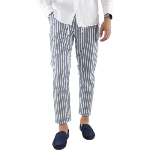 Mens trousers linen striped blue Chino pants summer lightweight