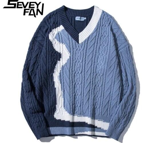 SEVEYFAN Mens Fashion Color Contrast Twisted V Neck Sweater BF Loose Cotton Knitwear Pullover for Couples