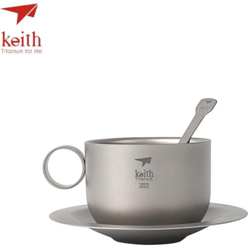 Keith Titanium Camping Coffee Cup Set Titanium Saucer Spoon Ultralight Outdoor Travel Tablewares Tea Cups Set Mug 150ml Ti3601