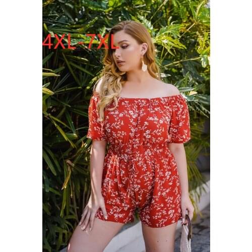 New 2021 summer plus size jumpsuit for women short sleeve loose strapless red floral print short jumpsuits belt 4XL 5XL 6XL 7XL