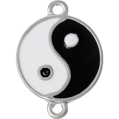 New Connectors Findings Round Silver Color Yin Yang Pattern Enamel White Black 20mm x 15mm,10 PCs
