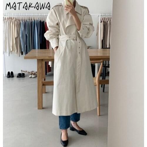 Matakawa Autumn Trench Korean All-match Loose Long Coat Turn Down Collar Long Sleeve Waist with Lace Up Solid Female Overcoat