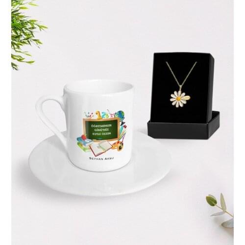 Personalized Teachers Days Happy Turkish coffee Cup and Is Daisy Necklace Gift Seti-7