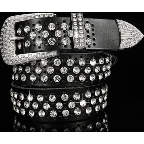 Wholesale 2021 joker NEW cheap Fashion Leather Waist Jeans Ladies steel Pin buckle Women Belt Full diamond decoration long 105CM