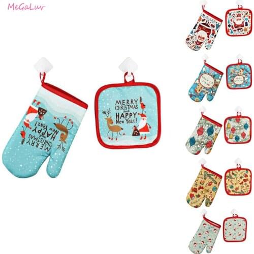 2Pcs/set Christmas Hot Oven Mitts Baking Anti-Hot Gloves Pad Oven Microwave Insulation Mat Xmas Decoration Baking Kitchen Tools