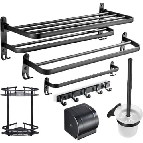 Bathroom towel rack free perforated wall hanging toilet storage bath towel black space aluminum toilet rack