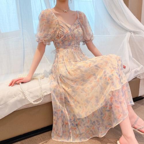 French Style Vintage Floral Print Puff Sleeve Mesh Long Maxi Dress Chiffon Dress Casual Holiday Party Yellow Oil Painting Dress