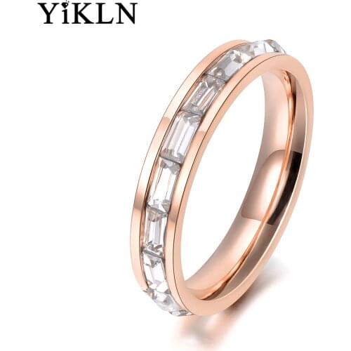YiKLN Stainless Steel OL Jewelry AAA CZ Crystal Surround 4mm Width Rose Gold Color Ring Size 6 7 8 9 For Women Gift YR18135