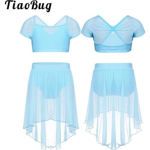 TiaoBug Kids Teens Mesh Splice Cap Sleeve Ballet Tutu Skirt with Crop Top Girls Gymnastics Shorts Top Lyrical Dance Costumes Set
