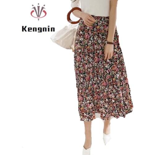 2020 Summer Plus Size XL-5XL Women Skirts Print Floral Elastic Waist Ladies Skirt Elegant Pleated Brand Clothing European Style