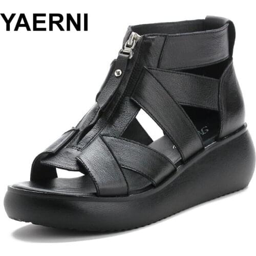 YAERNI Women Wedge Sandals Peep Toe Front Zipper Gladiator Sandals Women Genuine Leather Casual Platform Sandals Summer Shoes