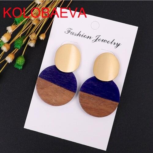 Womens Round Earrings Fashion Wood Acrylic Metal Earrings Pendant Geometric Personality Korean Earrings Retro Punk Blue Drops