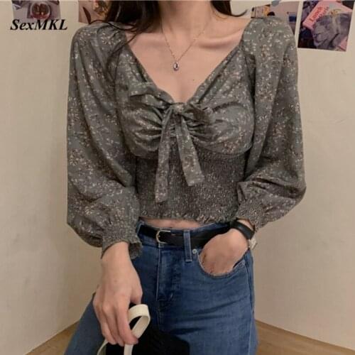 Women V Neck Vintage Blouses 2020 Fashion Long Sleeve Sexy Printed Crop Tops Korean Clothing Short Bow Casual Chiffon Blouse