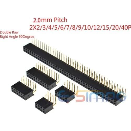 100pcs 2.0mm Pitch Right Angle Double Row 2X4/5/6/7/8/9/10/11/12/14/15/20/25/40P PH6.35 gold-plated PCB Female pin header socket