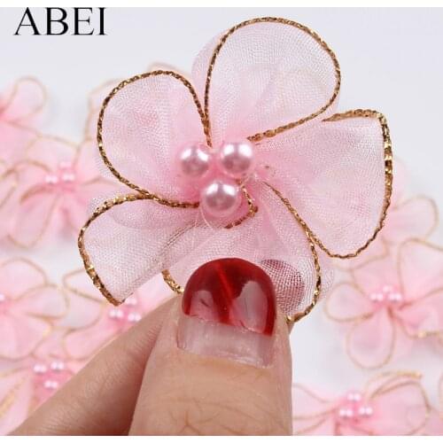 15pcs 4cm Pink Organza beaded Flowers For Wedding Party Candy Box Scrapbook Decoration DIY Sewing Garments Shoes Acceesories