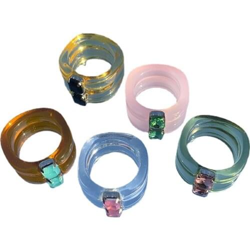 2021 New Colourful Transparent Resin Acrylic Rhinestone Geometric Round Rings Set for Women Jewelry Travel Gifts