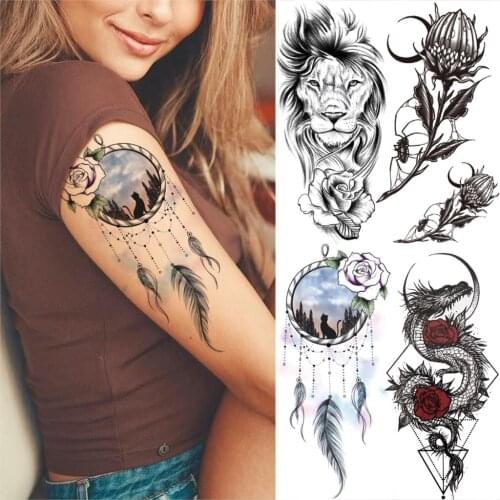 Watercolor DreamCatcher Temporary Tattoo For Women Men Realistic Rose Lion Dragon Tattoo Sticker Body Art Waterproof Fake Tatoo