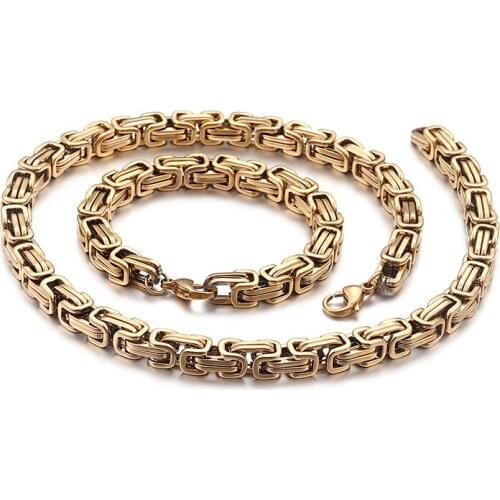 GNAYY One Set of Gold Stainless steel 5mm/6mm/8mm Wide King Byzantine Link Chain Bracelet & Necklace Set Unisex Men Women Gifts