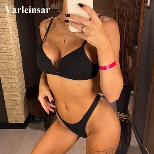 5 Color Ribbed Thong V Shape Bikini 2021 Women Swimwear Swimsuit Female Two-piece Bikini set High Cut Bather Bathing Suit V1335B