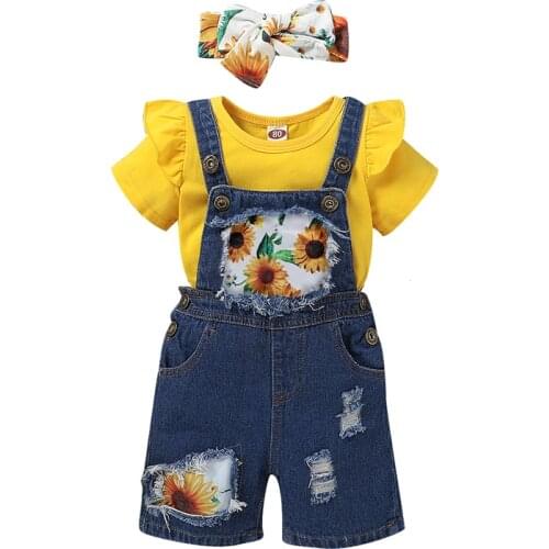 3Pcs set Summer Newborn Kids Baby Girls Yellow Short Sleeve Tops and Floral Jeans Shorts Headband Outfits Clothes set