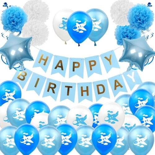 Amawill Happy Birthday Banner Confetti Latex Balloons Child Boy Blue Airplane Birthday Party Decoration Set Cartoon Plane Theme