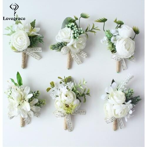 Lovegrace Men Wedding Boutonniere Groom Brooch Pins Bride Wrist Corsages White Rose Boutonniere Party Wedding Planner Corsage