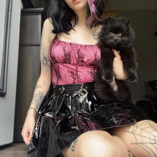 Sweet Ruffle Hem Bandage Tank Tops Double Layer Mesh Spaghetti Strap Hot Pink Camis Tops Vintage Summer E girl Party Top