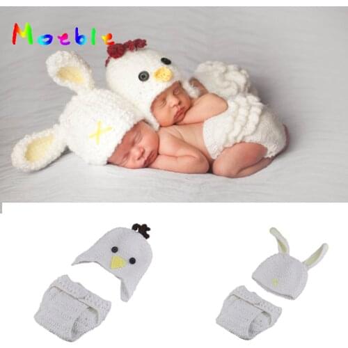 Cute Rabbit and Chicken Newborn Twins Photo Props Crochet Infant Baby Hat and Ruffled Diaper Set Knitted Twins Clothing Set