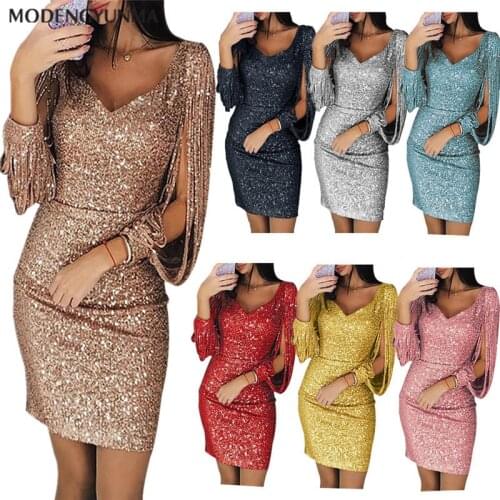 Fashion Womens Solid Color Sequins V-neck Simple Nightclub Stitching Shiny Round Neck Sheath Summer Dress Female Tassel Dresses