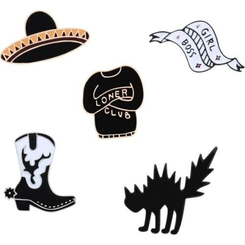 Personality Punk Enamel Pins Brooch Fashion Hat Boots Black Cat Boss and Girl Pin Woman Mens Denim Sweater Jewelry Accessories