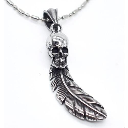 AMUMIU Skull Feather Mens Womens Bikers Jewelry Stainless Steel Pendant Necklace For Women Men High Quality KP285