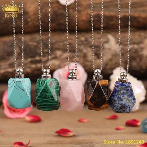 Natural Lapis Tiger Eye Stone Malachite Jaspers Multifaceted Perfume Diffuser Bottle Silvery Pendant Necklace Jewelry For Women