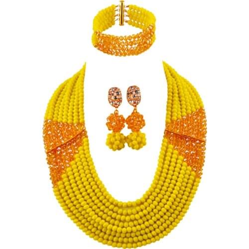 Opaque Yellow and Champagne Gold AB African Wedding Beads Jewelry Set Crystal Nigerian Bridal Jewelry Sets LBSJ06