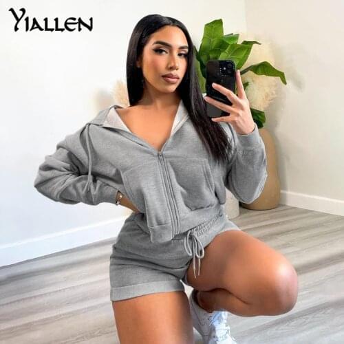 Yiallen New Solid Sporty Two Piece Set Women Casual Hoody Sweatshirt+Drawstring Shorts Matching Outfit Female Classic Tracksuit