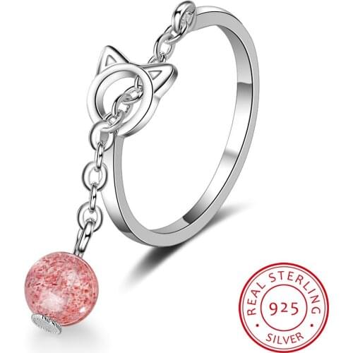 New Temperament Two Colors Strawberry 925 Sterling Silver Jewelry Bell Cute Cat Opening Animal Women Rings SR381
