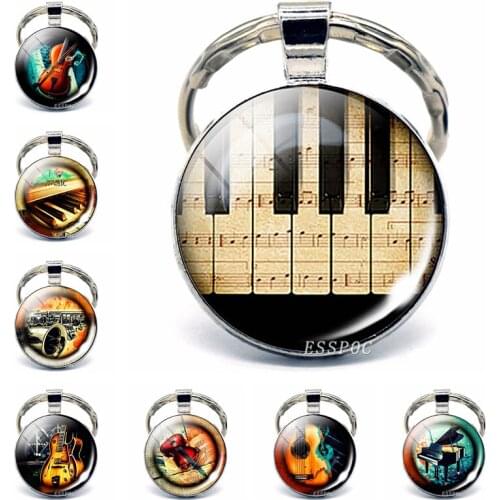 Piano Keyboard Photo Pendant Key Chain Vintage Silver Color Keyring Fashion Musical Instruments Glass Pendant Jewelry Best Gifts