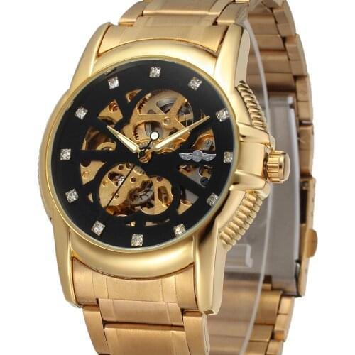 WINNER Top Brand Men Luxury Gold Case Automatic Watch Mechanical Sketeton Clock Diamond Dial Full Steel Band Male Wristwatches