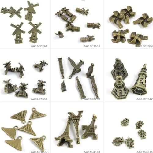 Antique Bronze Tone Jewelry Charms Waterwheel Water Wheel Windmill Paris Eiffel Tower Pyramid Pagoda Lamppost Bell House Pendant